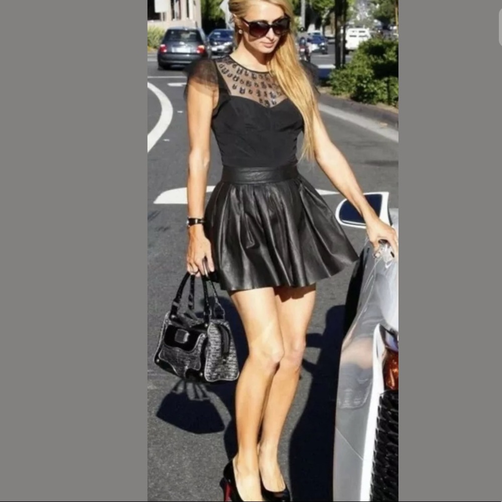 Alice + Olivia Pleated Black Leather Skirt